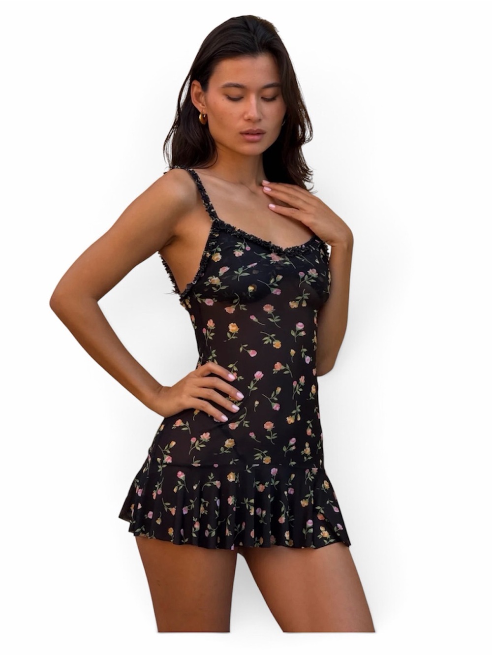 INDAH Camilla Ruffle Mini Dress Bebe Black Floral Size S NWT